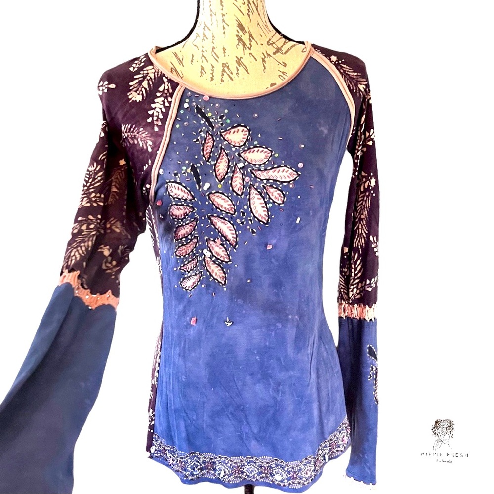 Krista Lee Embellished & Beaded Artisan Long Sleeve Blue & Brown T-Shirt Size S